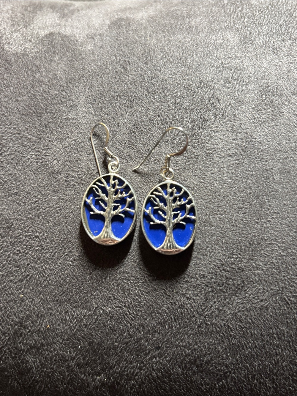 Silver Tree of Life Drop Earrings with Deep Blue Inlay